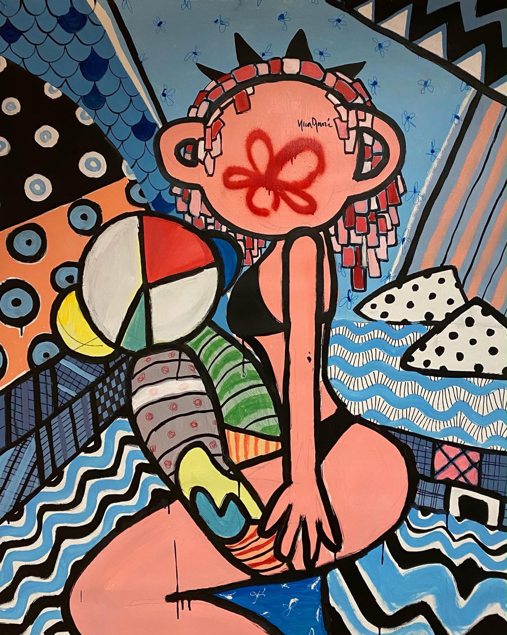 Yica Djuric expressionist painting — vibrant figure with flower face and blue wave patterns