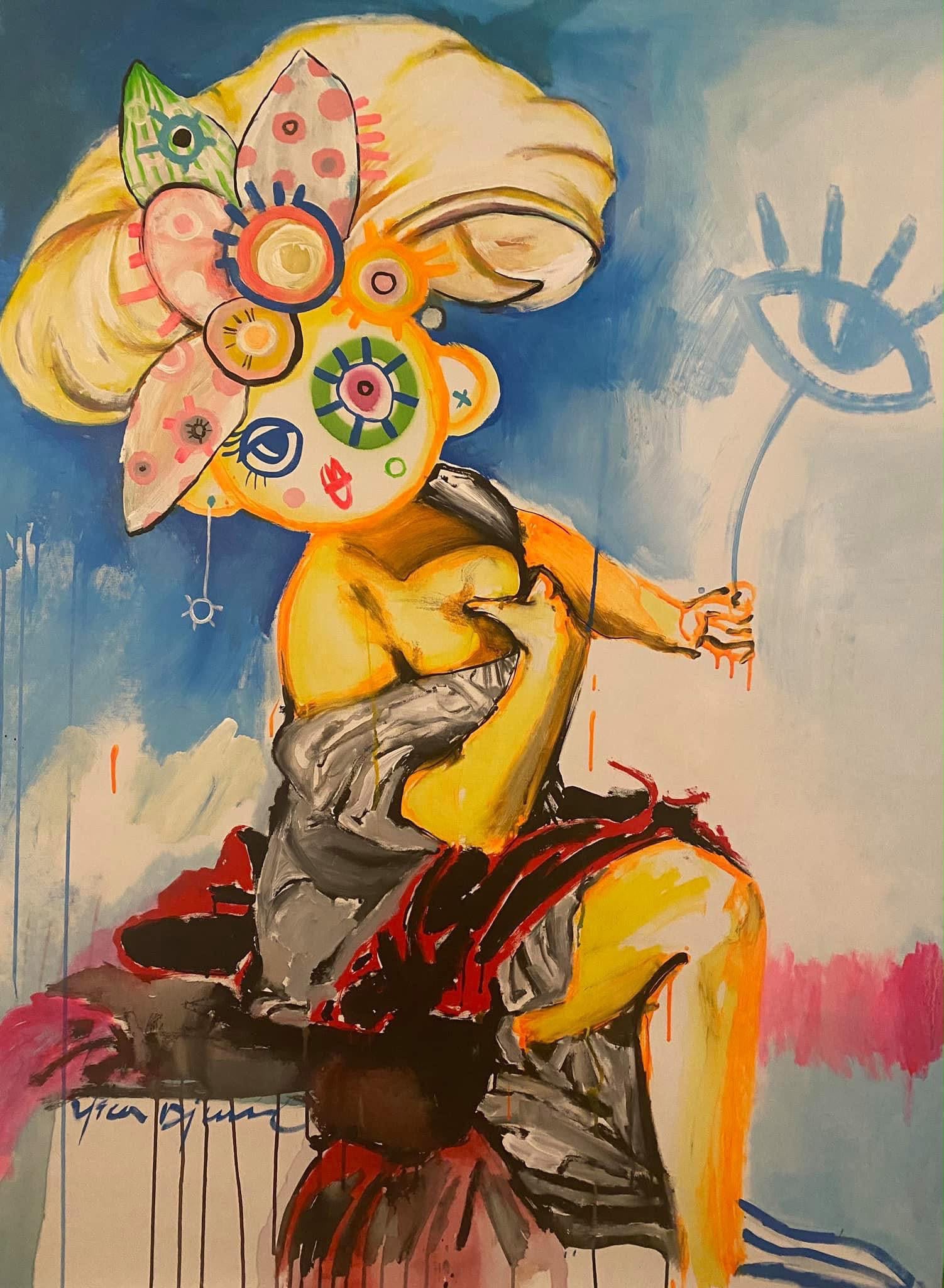 Expressionist figure with flower-decorated head on blue background