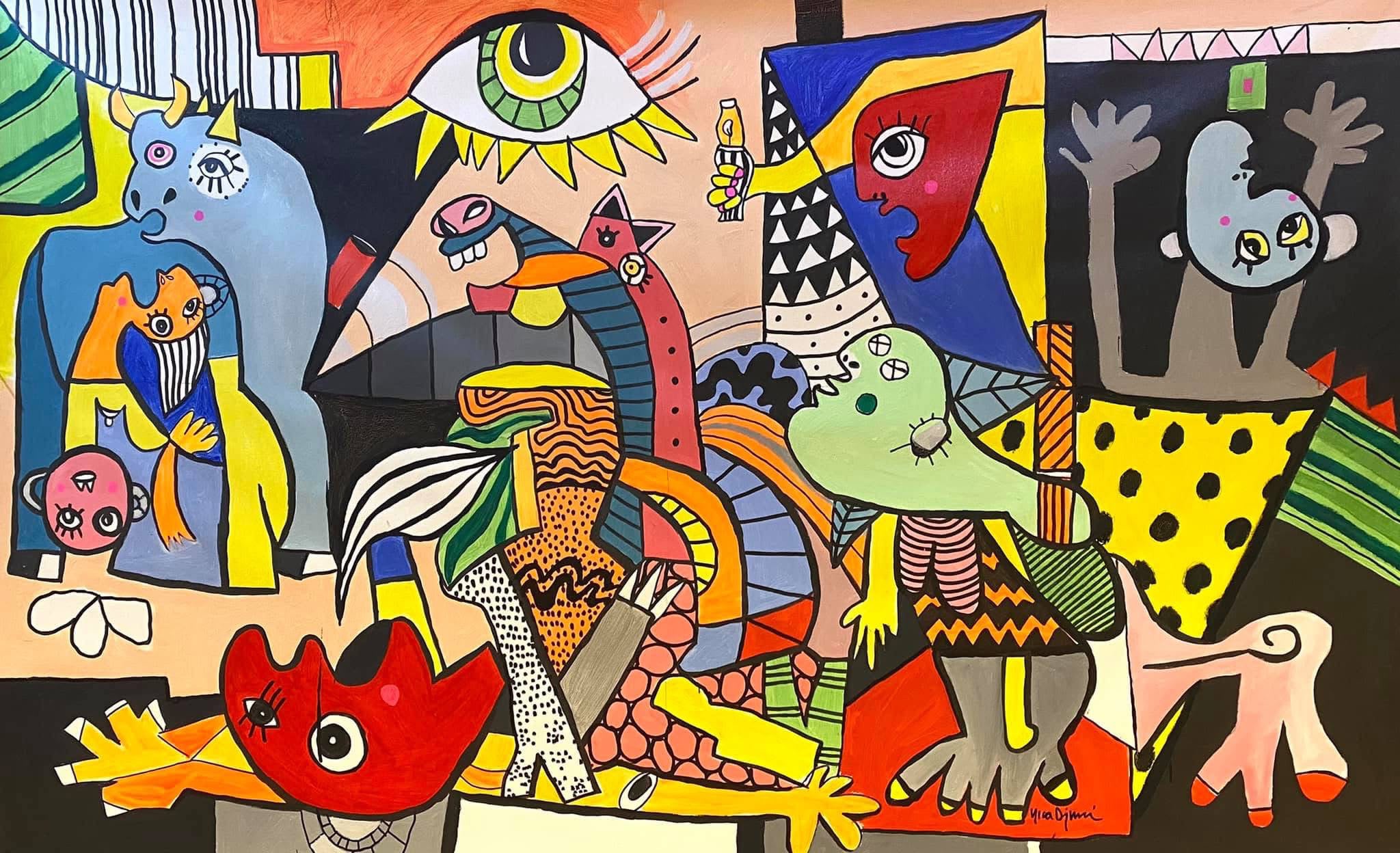 Guernica-inspired composition with multiple characters and bold patterns