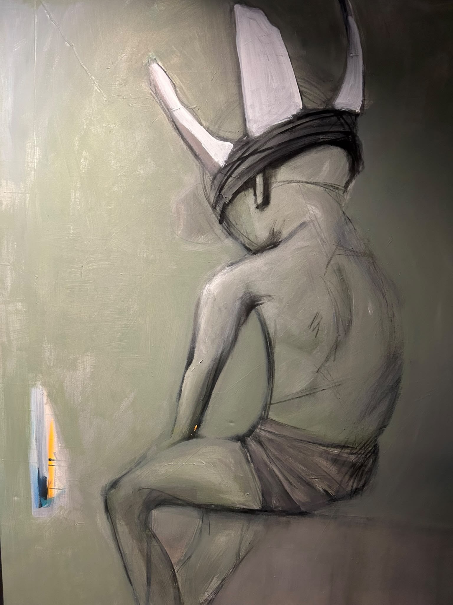 Figurative study with horned figure in muted sage and charcoal