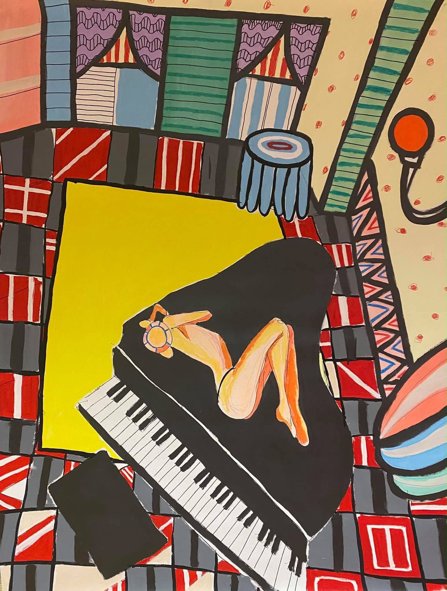 Figure reclining atop grand piano in richly patterned interior