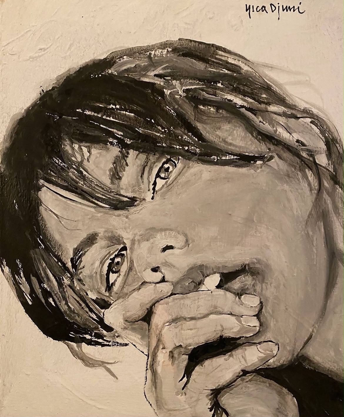 Monochrome portrait study — raw brushwork, hand covering face