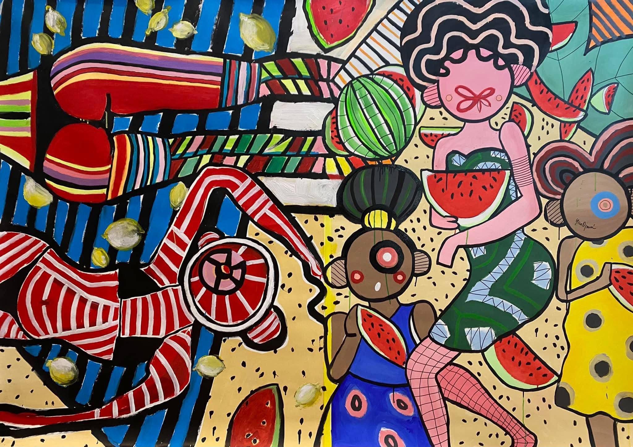 Two figures with watermelon and striped motifs in vivid colors